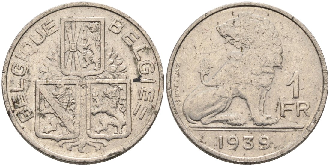 БЕЛЬГИЯ 1 ФРАНК 1939 BELGIE-BELGIQUE, ЛЕОПОЛЬД III (1934-1950) КМ 119 никель 4573-335