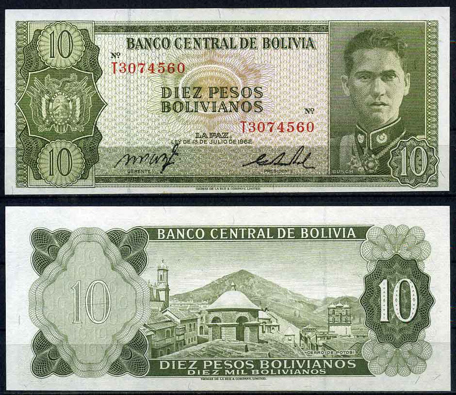 Боливия 10 песо боливиано 1962 серия T3, Херман Буш Бесерра, TDLR Pick 154 a (17) бумага UNC (пресс) 7202-36-3