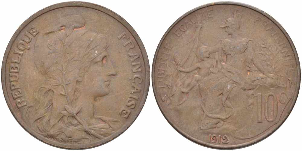 ФРАНЦИЯ 10 САНТИМОВ 1912 ТИП ДАНИЭЛЬ ДЮПЮИ KM 843, LA FRANC 136.22 бронза 109-246