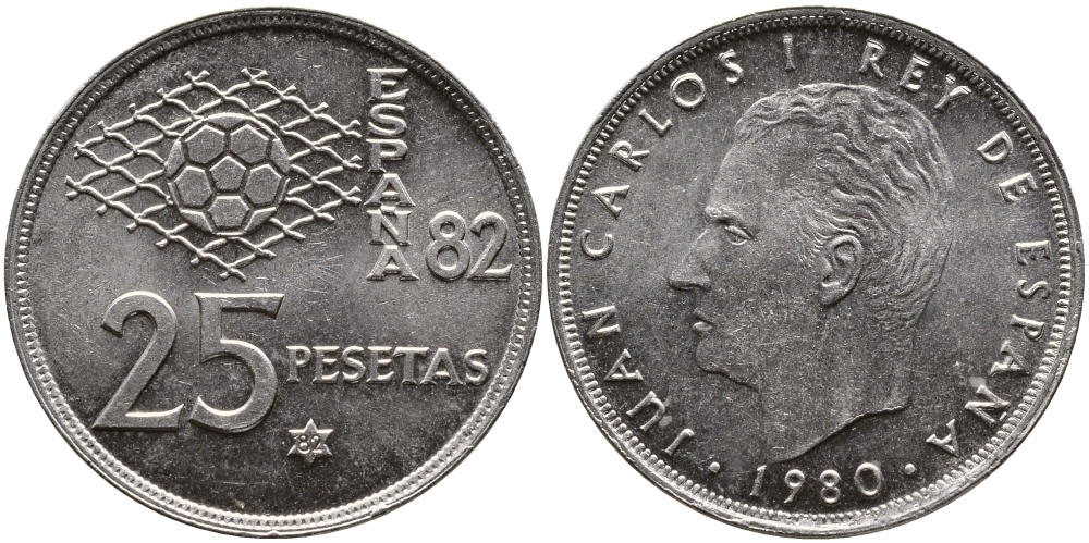Испания 25 песет 1980 (82) чемпионат мира по футболу в Испании 1982 года, Хуан Карлос I (1975-) KM 818 медно-никель 4379-125