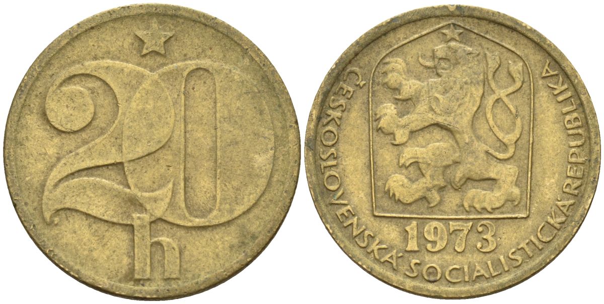 Чехословакия 20 геллеров 1973 KM 74 латунь 4152-542