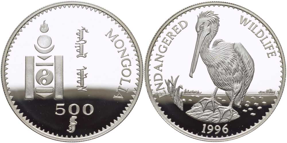 Монголия 500 тугриков 1996 серия сохраним наш мир, пеликан KM 187 серебро PROOF 1080-4-14