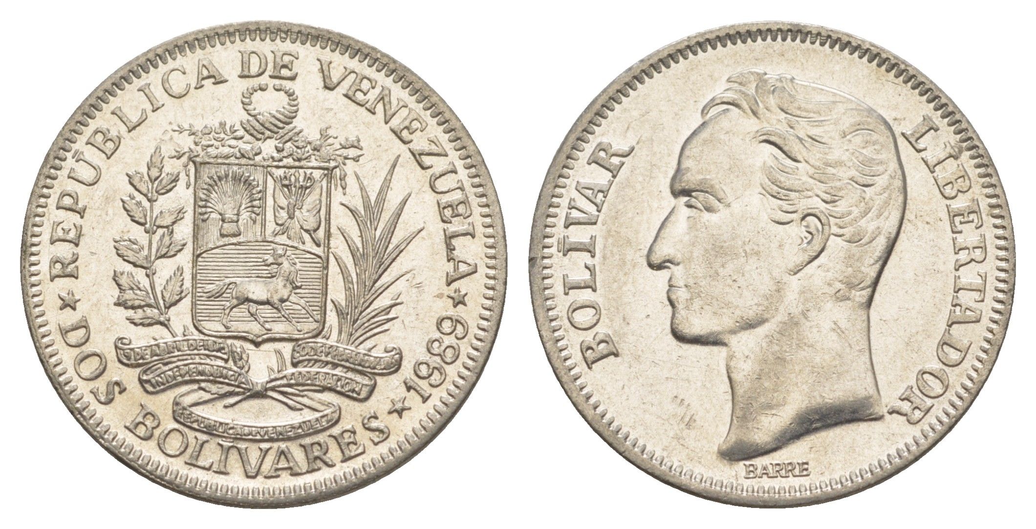 Венесуэла 2 боливара 1989 Симон Боливар Y 43a сталь плакированная никелем 4590-1031
