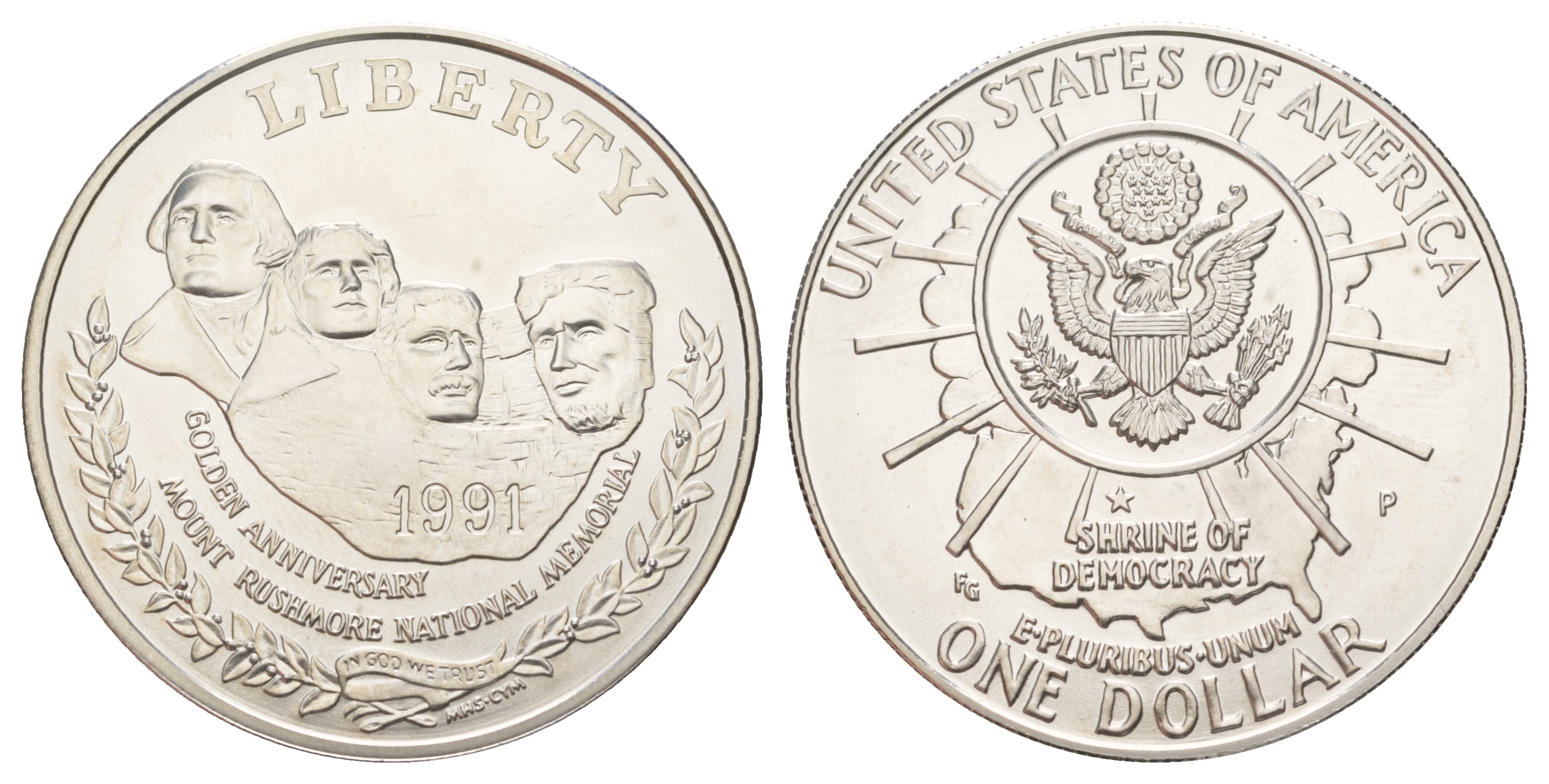 США 1 доллар 1991 P, 50 лет Национальному мемориалу Рашмор, в оригинальной коробке, с сертификатом KM 229 серебро BU 3-4-10-09