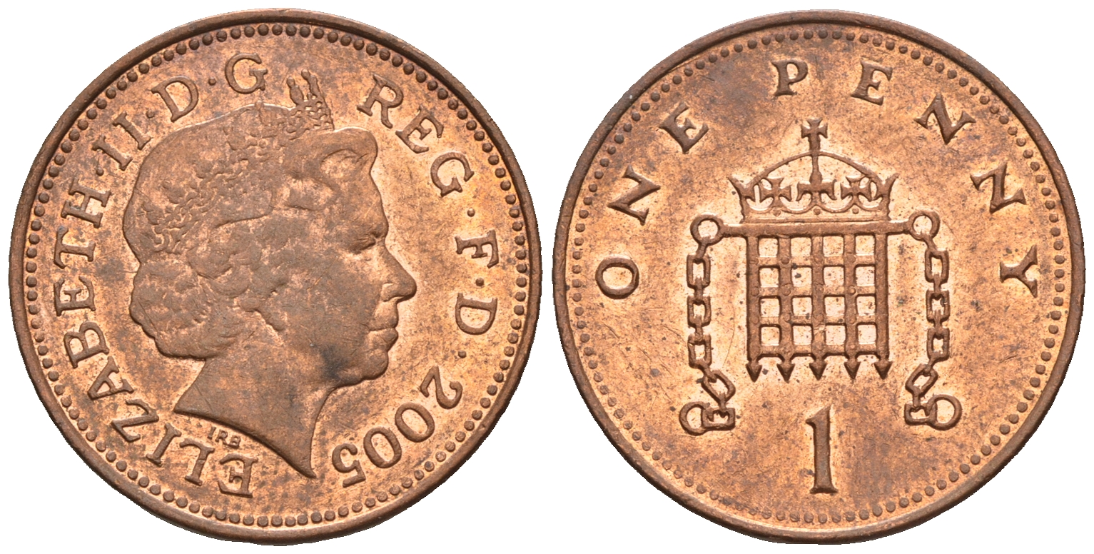 Великобритания 1 пенни 2005 Елизавета II (1952-2022) KM 986, Spink 4710 (B5) сталь плакированная медью 4609-626