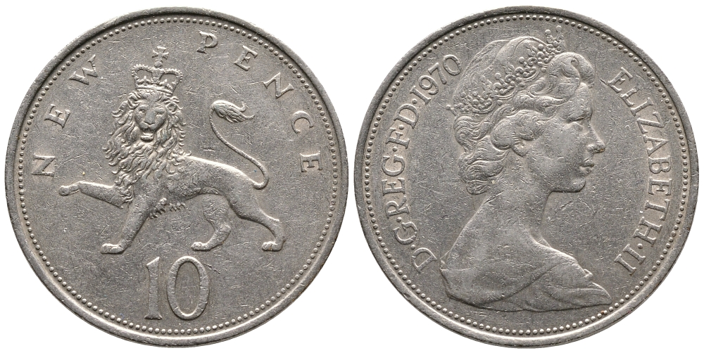 Великобритания 10 пенсов 1970 Елизавета II (1952-2022) KM 912, Spink 4231 (F1) медно-никель 86-1546