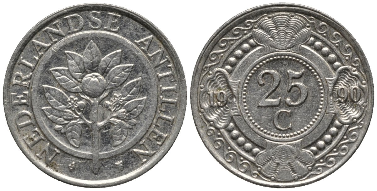 Нидерландские Антилы 25 центов 1990 Беатрикс (1980-2013) KM 35 никелированная сталь 4576-1229