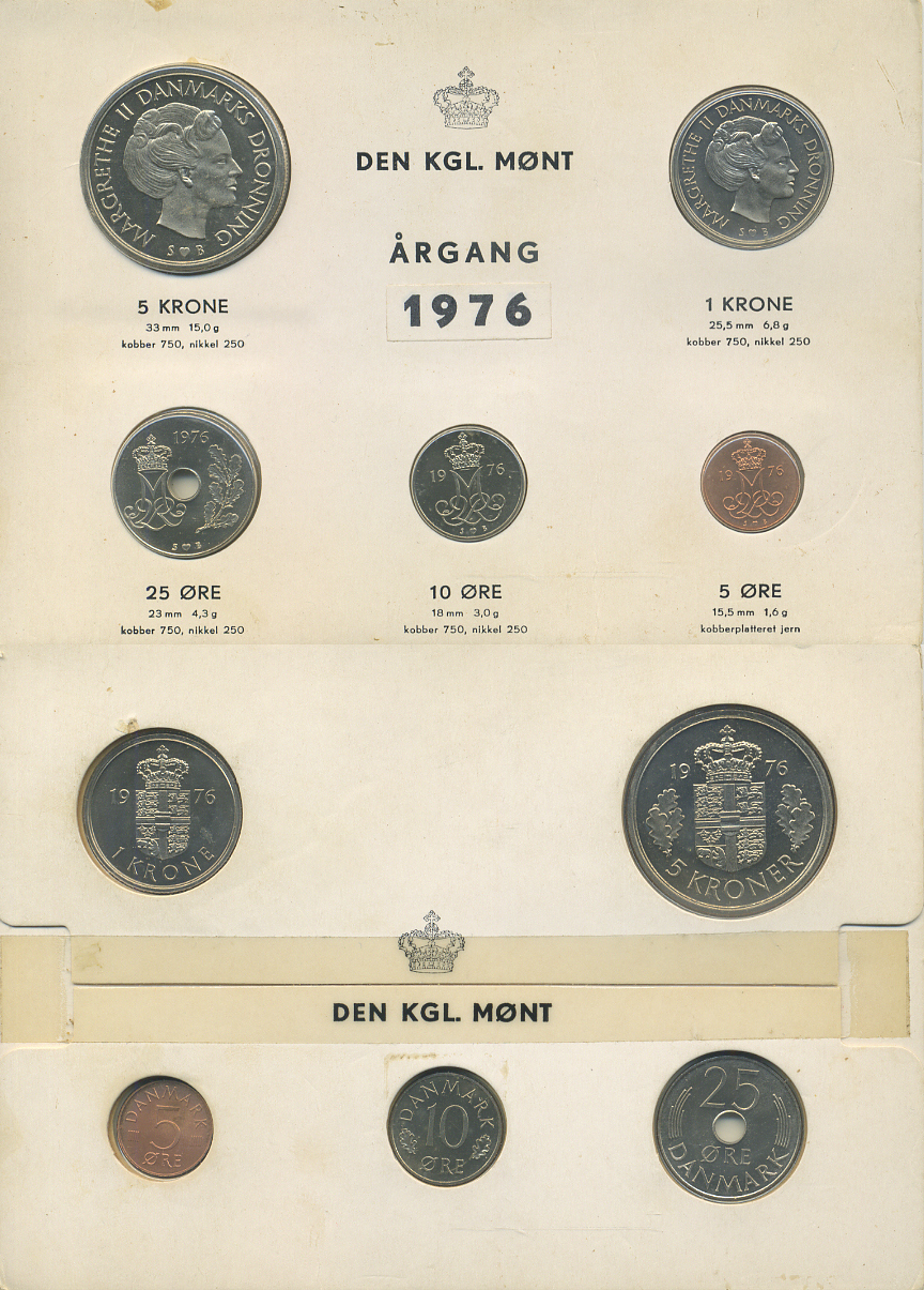 Дания набор из 5 монет 1976 официальный годовой набор мондвора, в оригинальном буклете KM 859.1, 860.1, 861.1, 862.1, 863.1 UNC 1-6-4-13