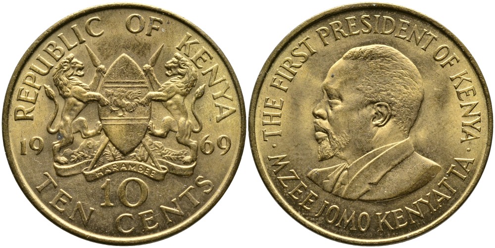 Кения 10 центов 1969 Джомо Кениата KM 11 никель латунь 4526-1111