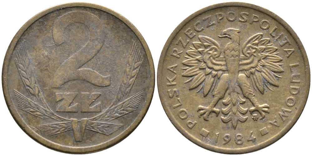 ПОЛЬША 2 ЗЛОТЫХ 1984 MW KM 80.1 латунь 110-557