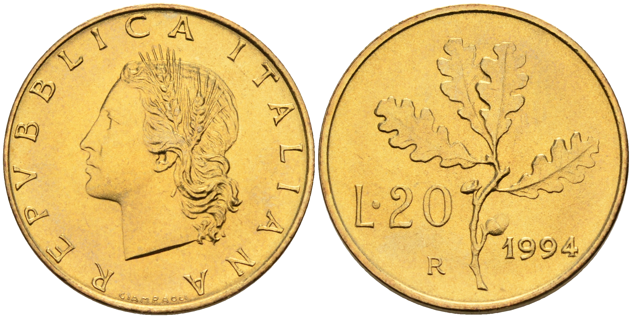 Италия 20 лир 1994 R, дубовый лист KM 97.2 алюминиевая бронза  UNC  4594-922