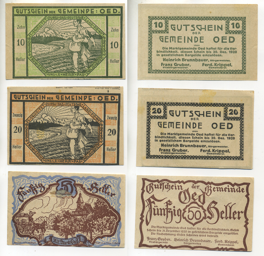 АВСТРИЯ НАБОР ИЗ 3 БАНКНОТ 1920 ДО 30 ДЕКАБРЯ 1920, НОТГЕЛЬД, 10, 20, 50 ГЕЛЛЕРОВ, OED бумага XF 6278-39-2