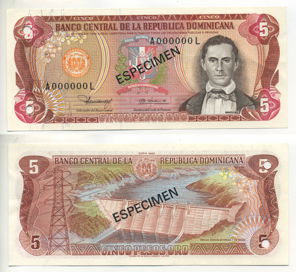 Доминиканская Республика 5 песо 1980 образец, SPECIMEN Pick 118s1 бумага UNC (пресс) 451-694-1