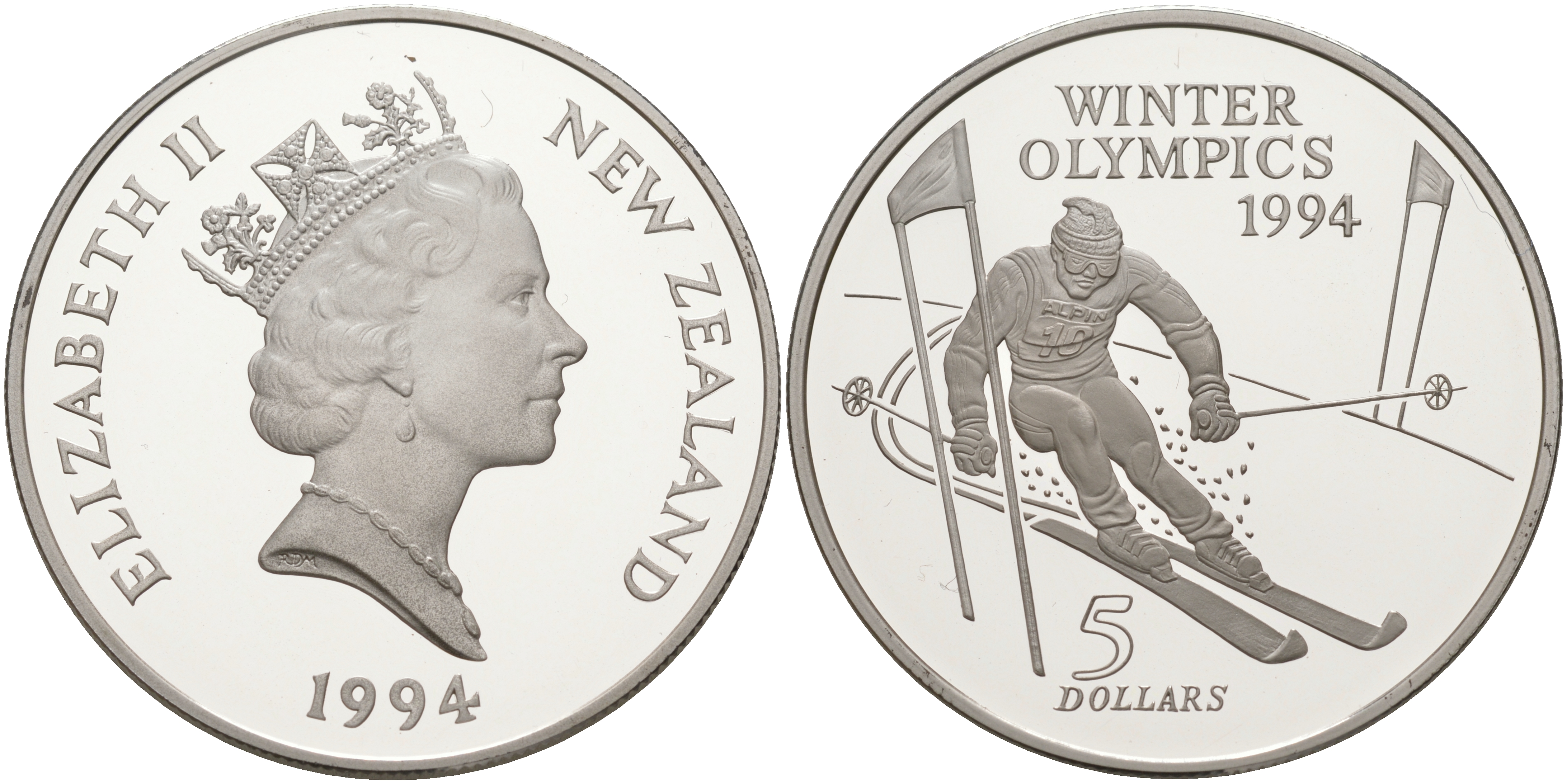 Новая Зеландия 5 долларов 1994 XVII зимние Олимпийские игры 1994 года в Лиллехаммере , слалом KM 96 серебро PROOF 1074-3-61