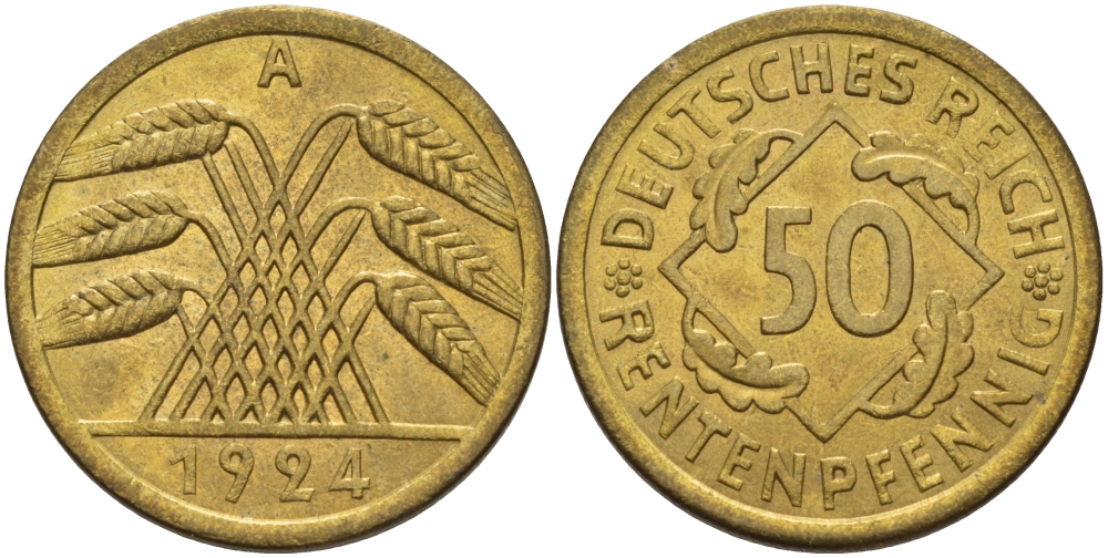 Германия 50 рентенпфеннигов 1924 A J. 310, KM 34 алюминиевая бронза UNC 1076-6-24