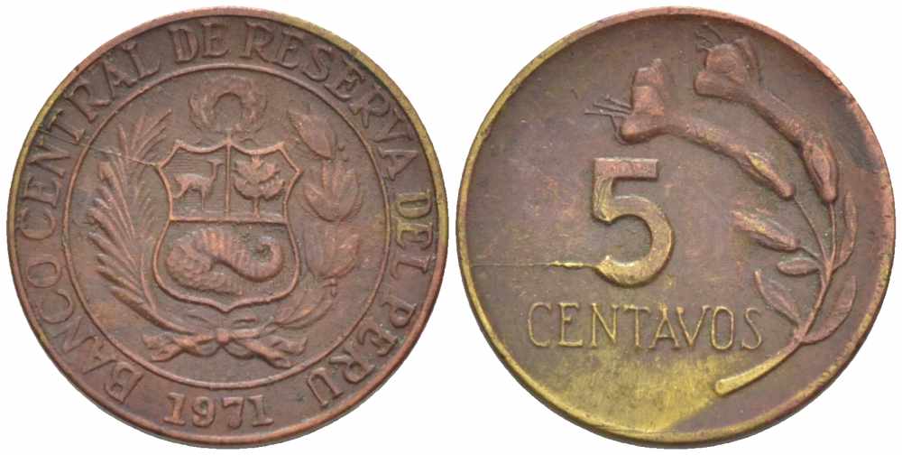 ПЕРУ 5 СЕНТАВО 1971 KM 244.2 латунь 105-722