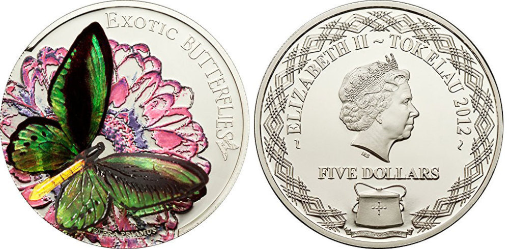 Токелау 5 долларов 2012 бабочка, Орнитоптера приам, 3D KM NEW серебро PROOF 1074-2-51