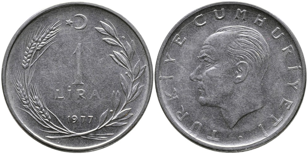 Турция 1 лира 1977 Мустафа Кемаль Ататюрк KM 889а.2 нержавеющая сталь 4541-524