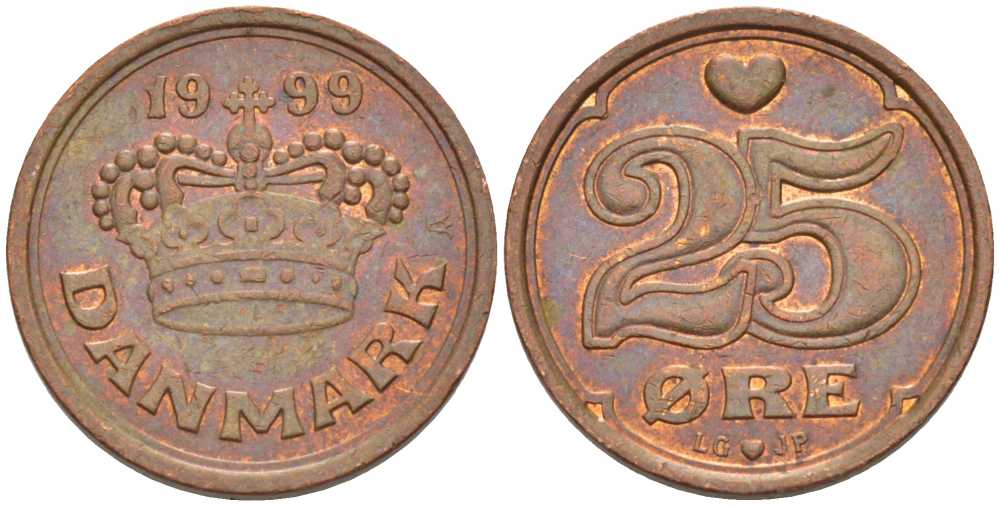 ДАНИЯ 25 ЭРЕ 1999 LG; JP; A, МАРГРЕТЕ II (1972-) KM 868.1 бронза 100-562