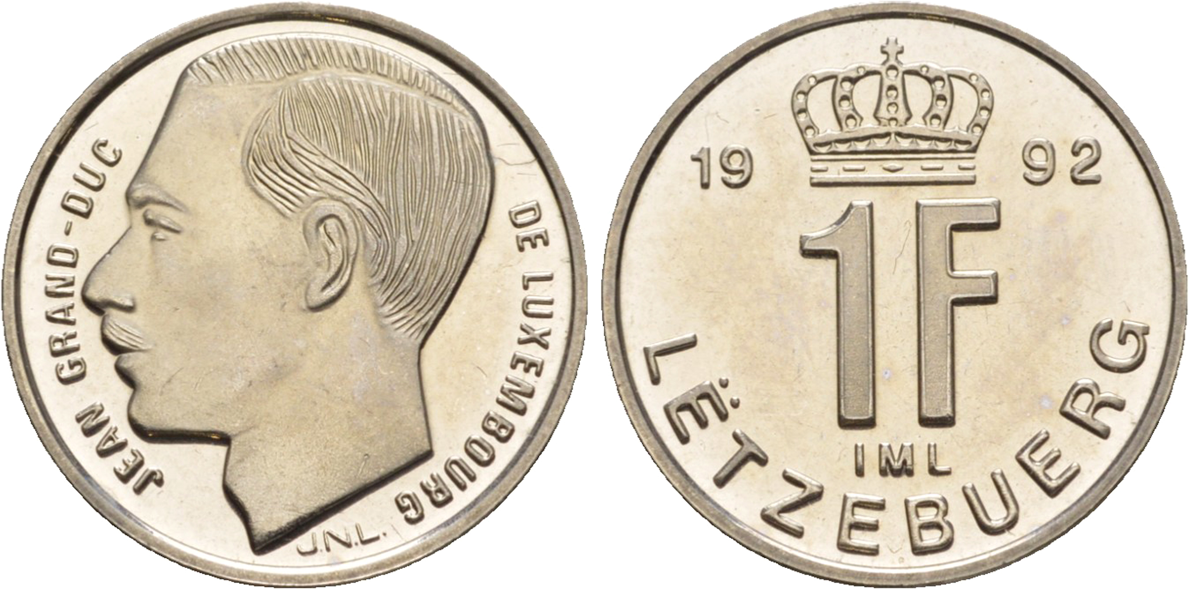 Люксембург 1 франк 1992 Великий герцог Жан (1964-2000), тираж 10.000 экземпляров KM 63 сталь плакированная никелем  BU  4635-1216