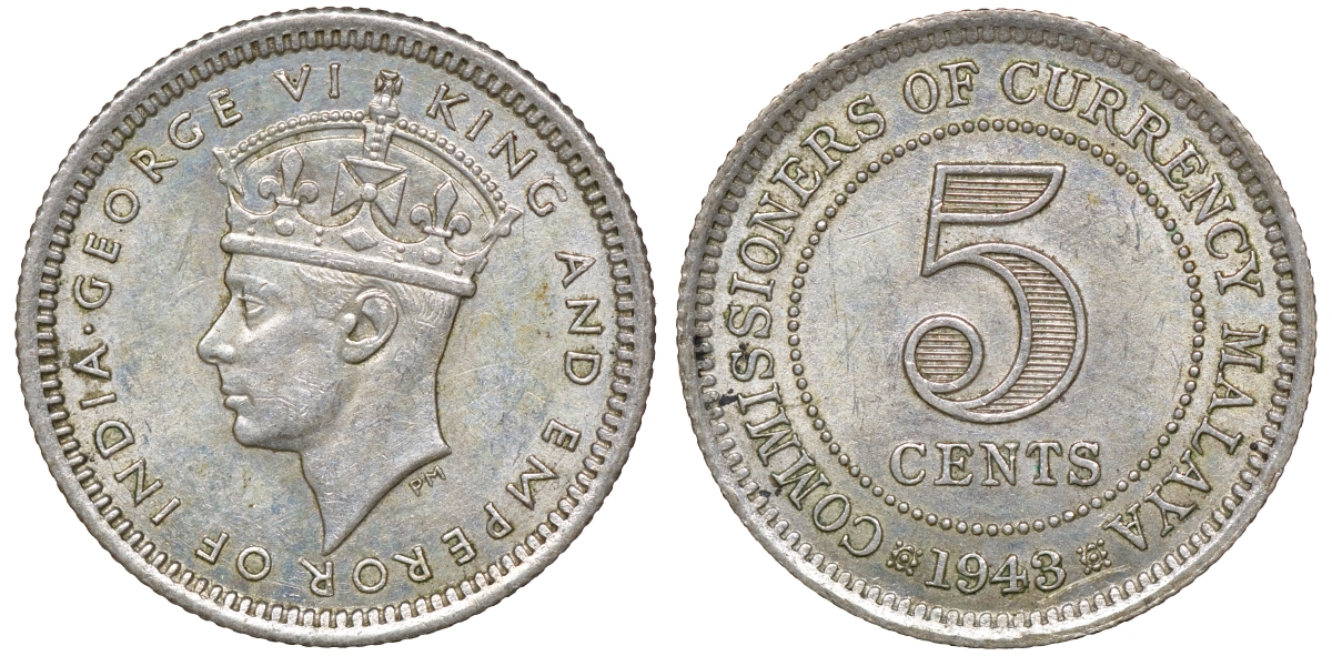 Британская Малайя 5 центов 1943 Георг VI (1937-1952) KM 3a серебро 53-149