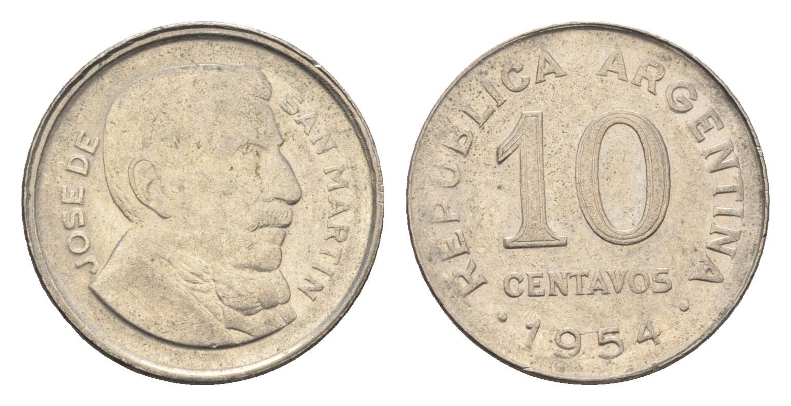 Аргентина 10 сентаво 1954 генерал Хосе де Сан Мартин KM 51 сталь плакированная никелем 4664-552