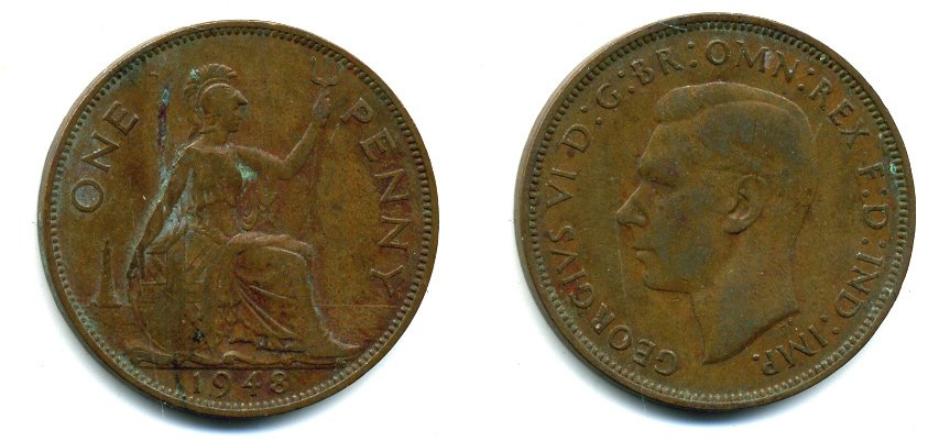 Великобритания 1 пенни 1948 Георг VI (1936-1952) KM 845, Spink 4114 бронза 57-142