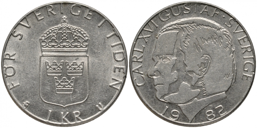 Швеция 1 крона 1982 U, Карл XVI Густав (1973- ) КМ 852а медно-никель 202-457