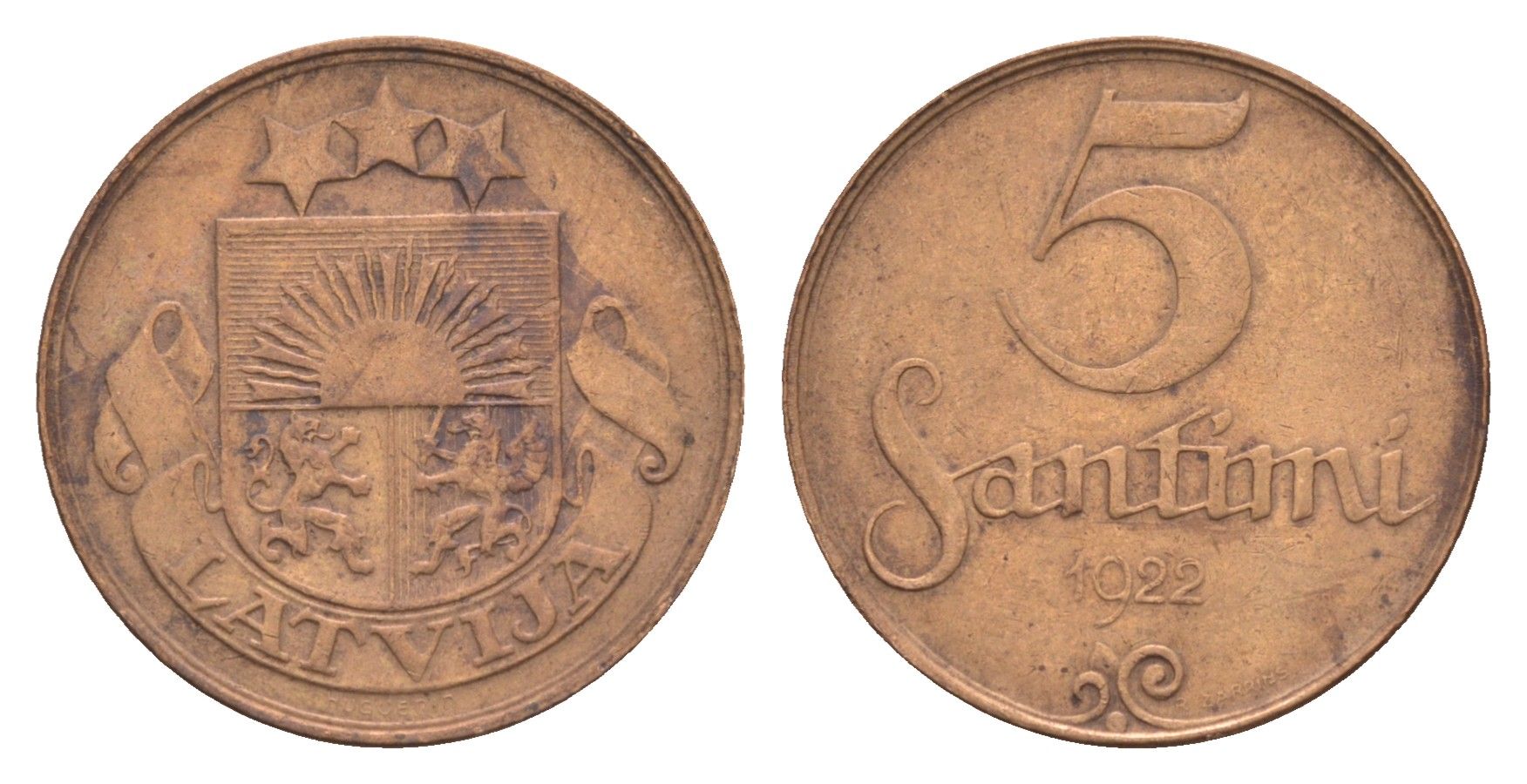 Латвия 5 сантимов 1922 KM 3 бронза 4658-1213