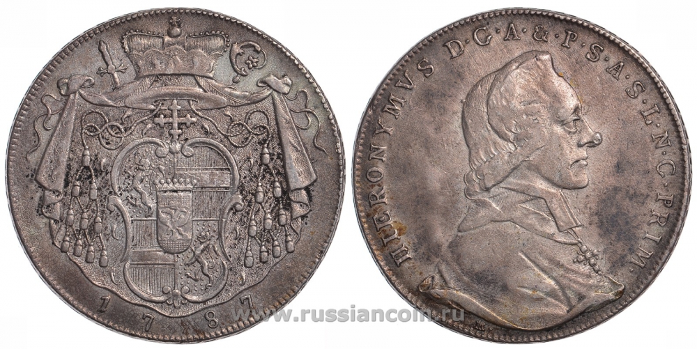 Австрия, Зальцбург 1 талер 1787 Иеронимус фон Коллоредо (1772-1812) Dav. 1264, KM 462 серебро 00-806-17