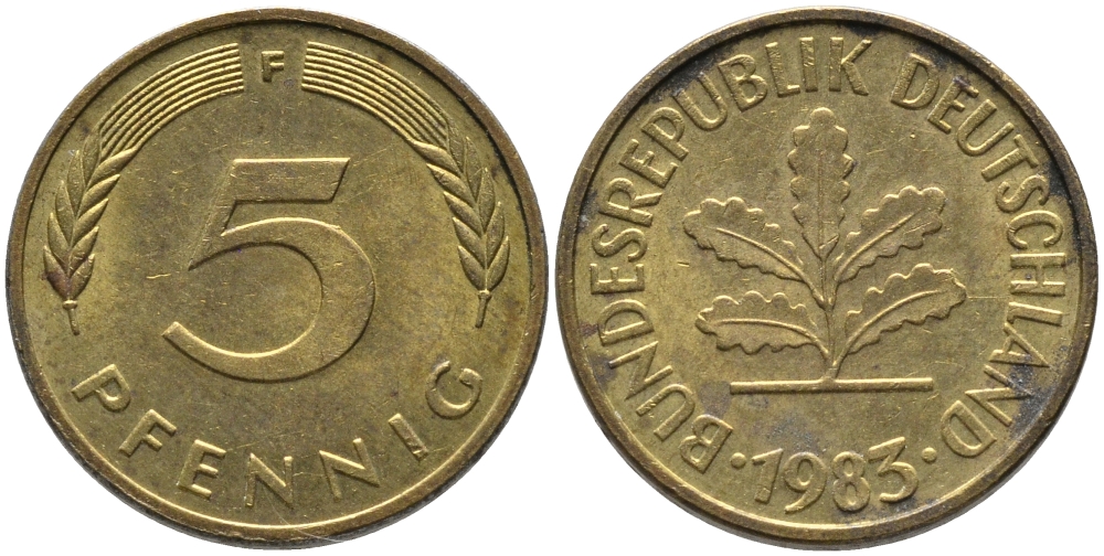 ФРГ 5 ПФЕННИГОВ 1983 F KM 107, J. 382 сталь плакированная латунью 96-1223