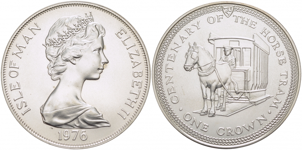 Остров Мэн 1 крона 1976 100 лет конному трамваю KM 38а серебро UNC 1081-4-31