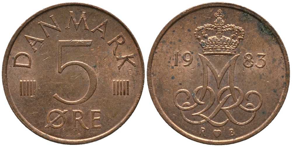 ДАНИЯ 5 ЭРЕ 1983 R; B, МАРГРЕТЕ II (1972-) KM 859.3 железо плакированное медью 116-162