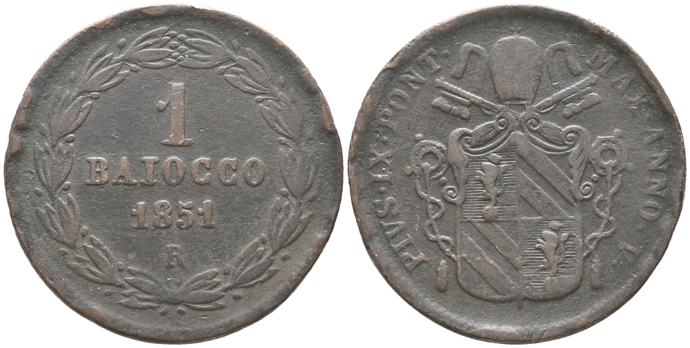 Ватикан 1 байоччо 1851 R, год V KM 1345 (C168) медь 176-241