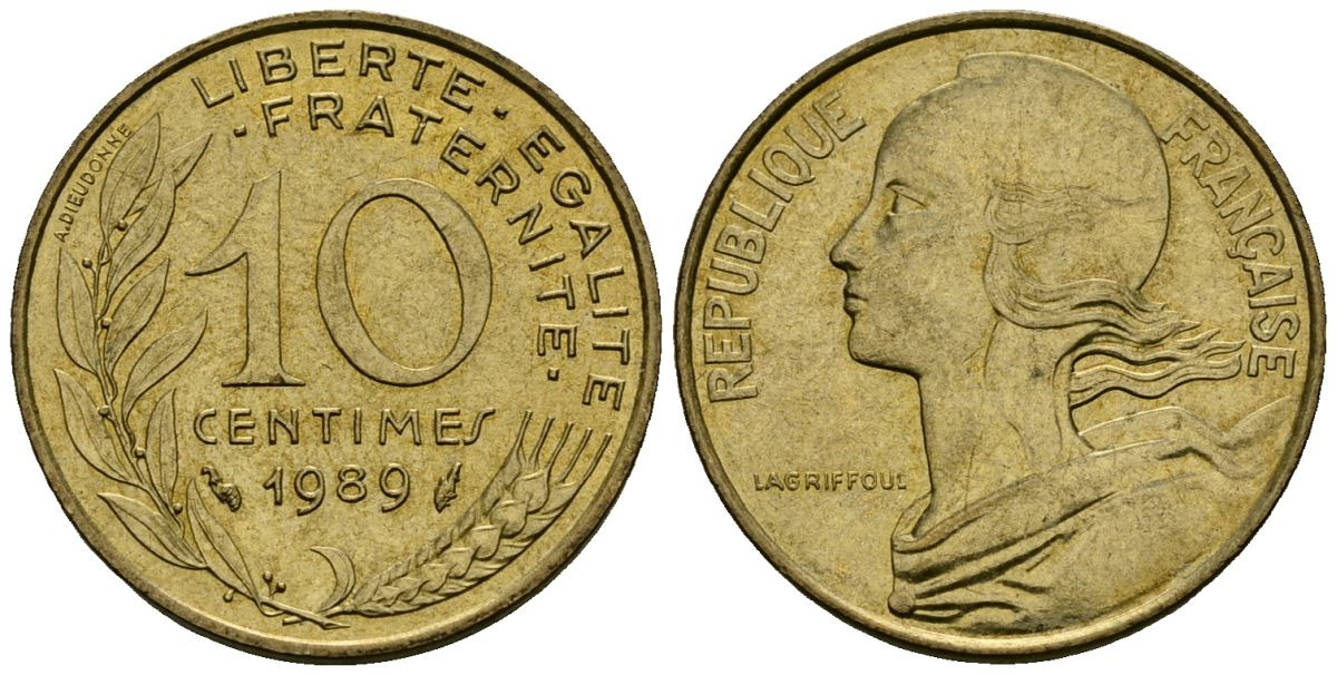 Франция 10 сантимов 1989 тип Marianne KM 929, le Franc 144.29 алюминиевая бронза 4136-429