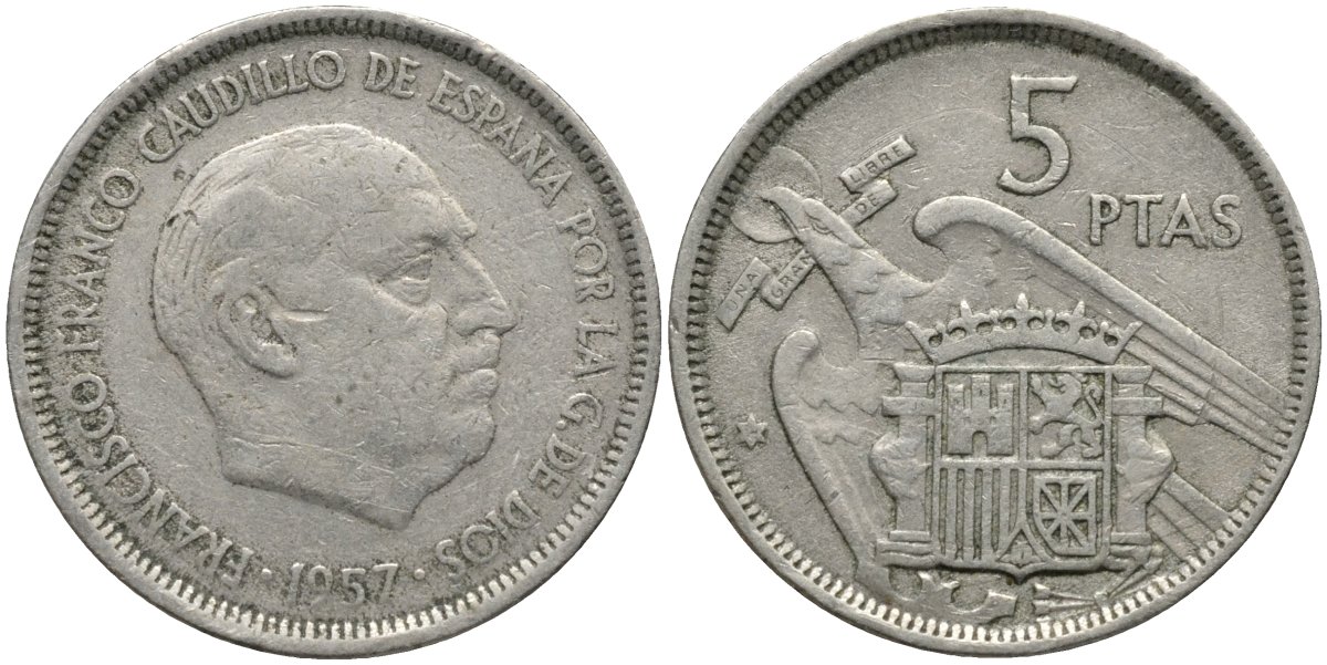 Испания 5 песет 1957 (58) Франсиско Франко (1939-1975) KM 786 медно-никель 4171-514