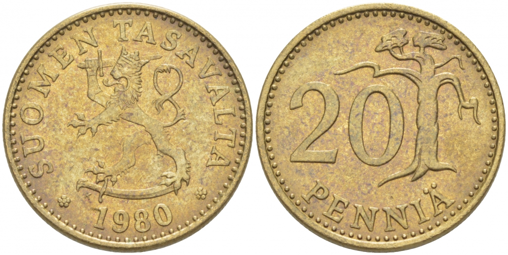 ФИНЛЯНДИЯ 20 ПЕННИ 1980 K KM 47 алюминиевая бронза 3718-644