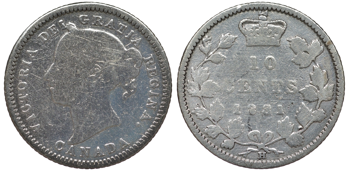 Канада 10 центов 1881 H, Виктория (1837-1901) KM 3 серебро    4588-1155