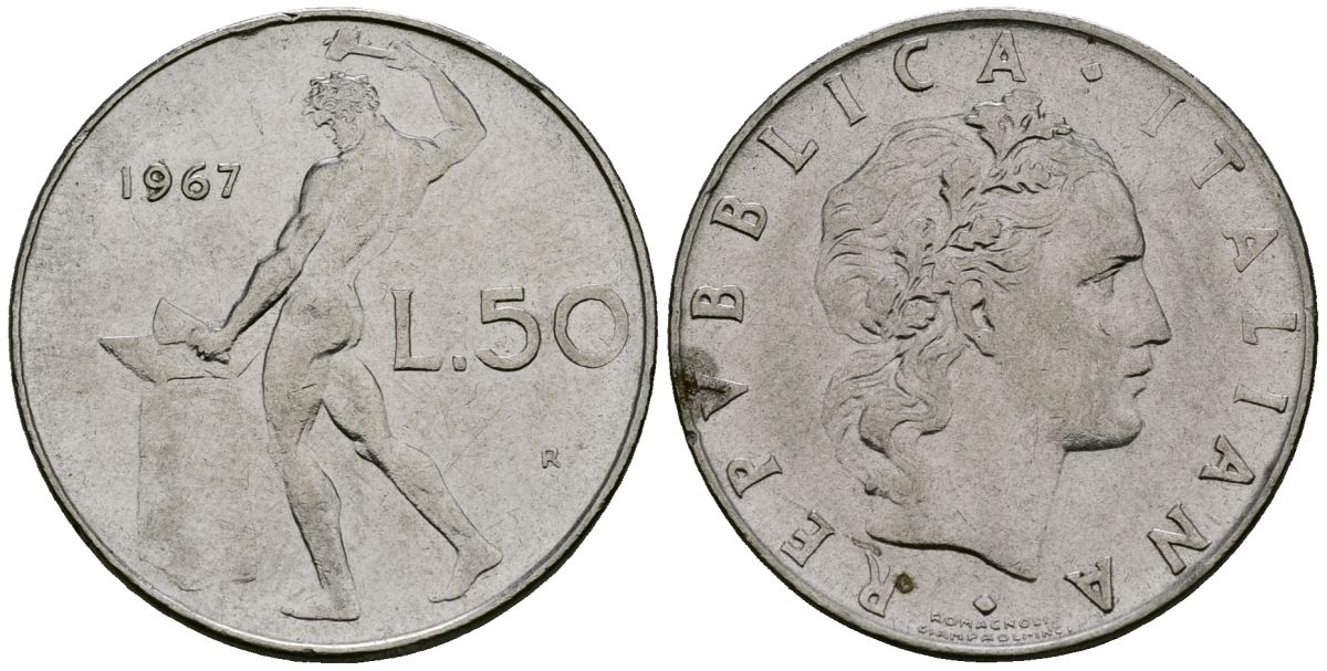 Италия 50 лир 1967 R, бог огня Вулкан у наковальни KM 95.1 нержавеющая сталь 4138-557
