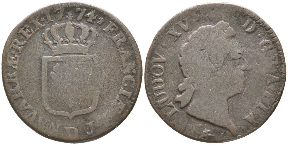 ФРАНЦИЯ 1 СУ 1774 D, ЛЮДОВИК XV (1715-1774) KM 545.5 (С10.6) медь 51-1632