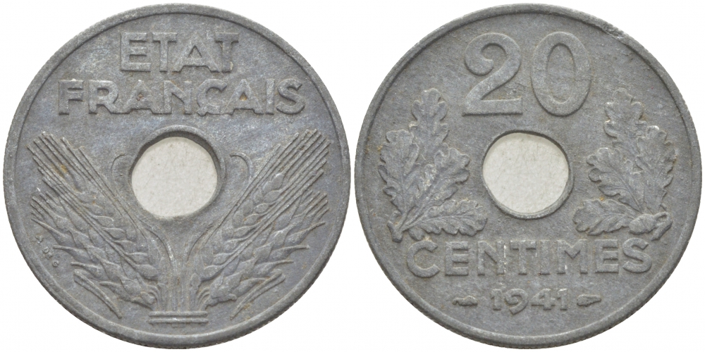 Франция 20 сантимов 1941 Правительство Виши KM 900.1 цинк 77-911