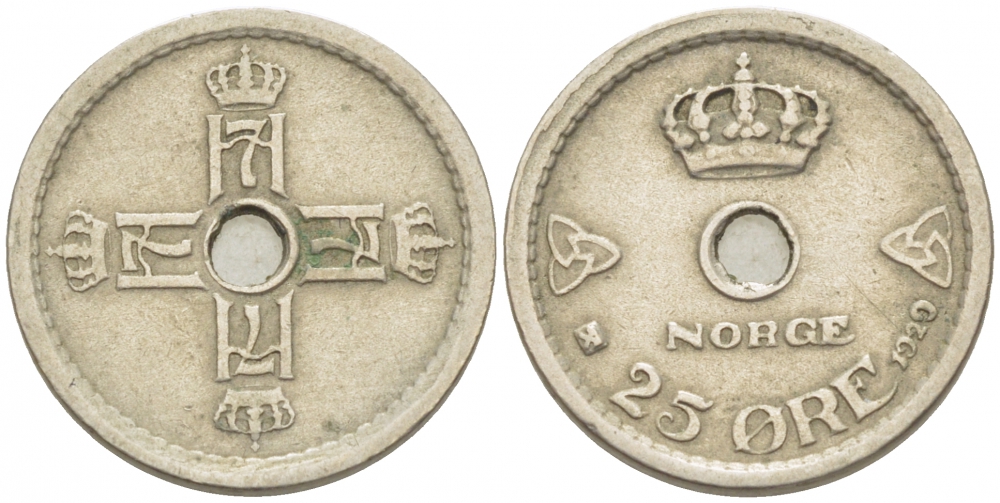 НОРВЕГИЯ 25 ЭРЕ 1929 ХОКОН VII (1905-1957) KM 384 медно-никель VF 3309-761