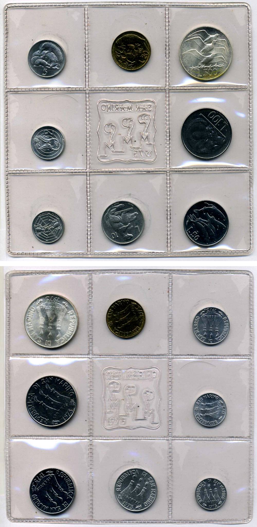 Сан-Марино годовой набор из 8 монет 1975 1, 2, 5, 10, 20, 50, 100 и 500 лир чайки летят над морскими гребнями KM 40-47, в оригинальной пластиковой запайке KM MS5 серебро UNC 3-4-5-37