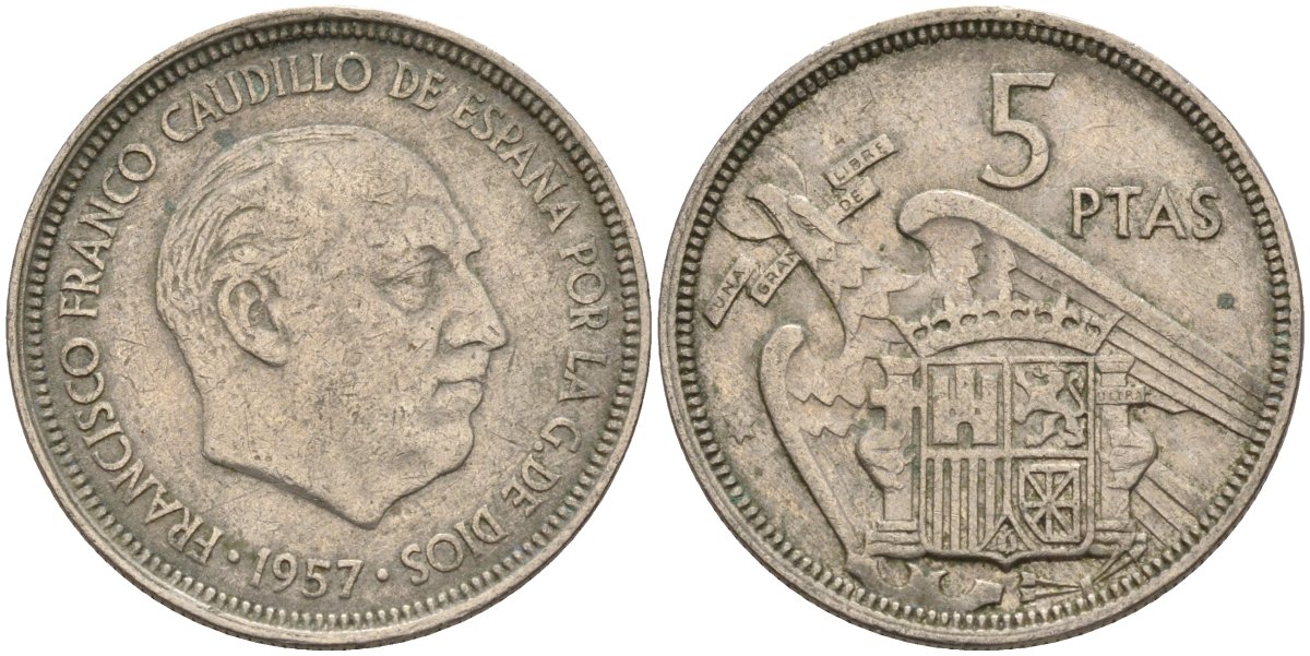 Испания 5 песет 1957 Франсиско Франко (1939 - 1975) KM 786 медно-никель 4155-514