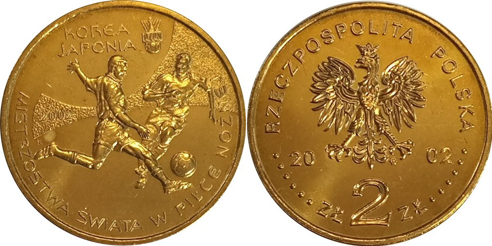 Польша 2 злотых 2002 MW, чемпионат мира по футболу в Корее и Японии 2002 года KM 433 нордик  UNC  4526-1013