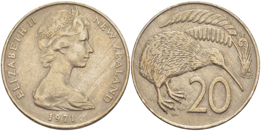 Новая Зеландия 20 центов 1971 Елизавета II (1952-2022), птичка киви KM 36.1 медно-никель 38-733