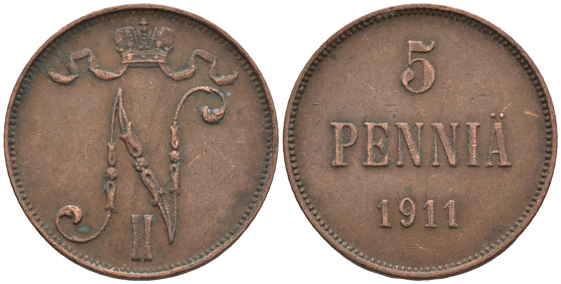 Россия для Финляндии 5 пенни 1911 Николай II (1894-1917) KM 15, Биткин 451 медь 85-315