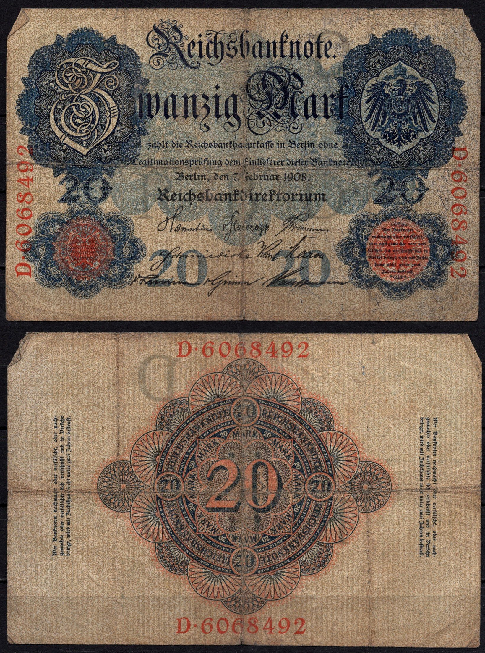 Германия 20 марок 1908 Pick 31 бумага 6293-31-1-1