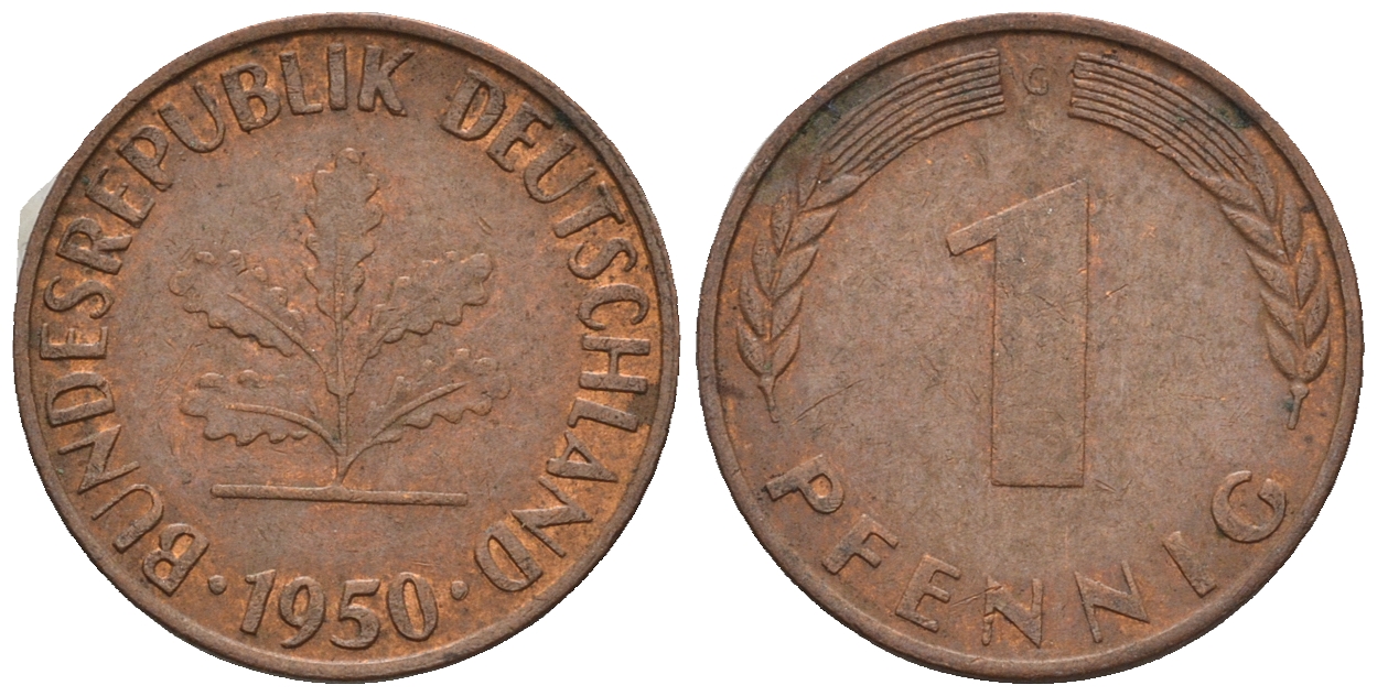 ФРГ 1 пфенниг 1950 G KM 105, J.380 сталь плакированная медью 4609-324