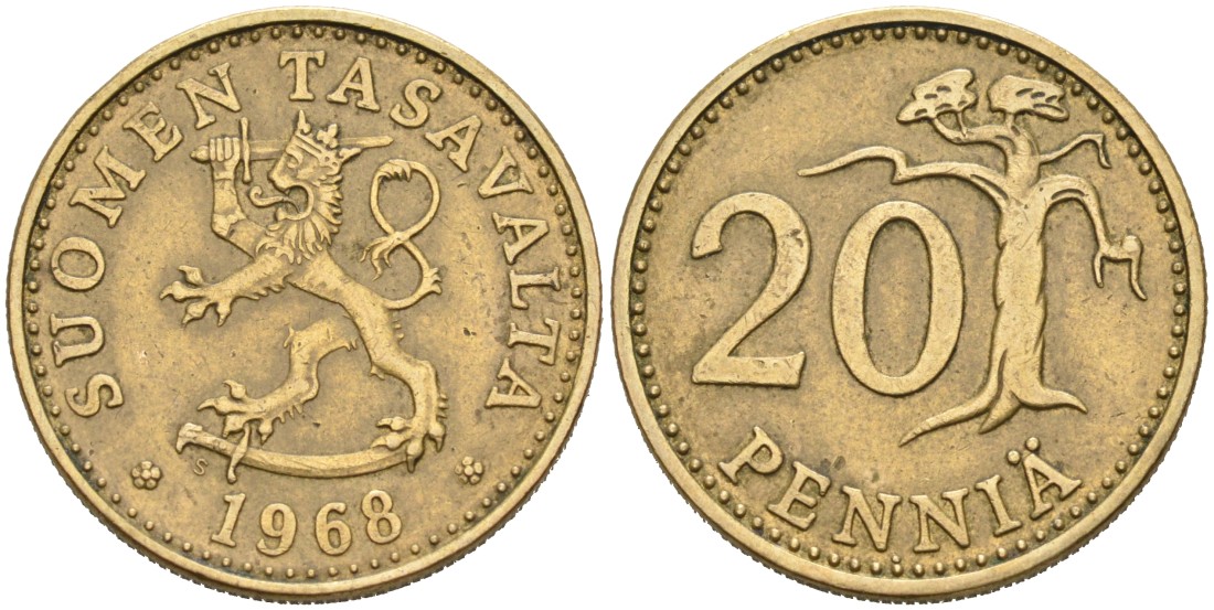 ФИНЛЯНДИЯ 20 ПЕННИ 1968 S KM 47 алюминиевая бронза 4563-314